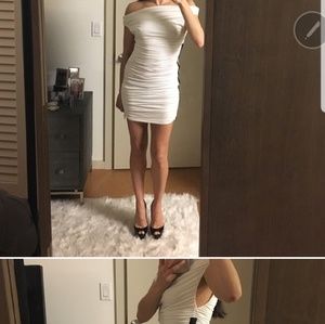Bebe off the shoulder dress in ivory